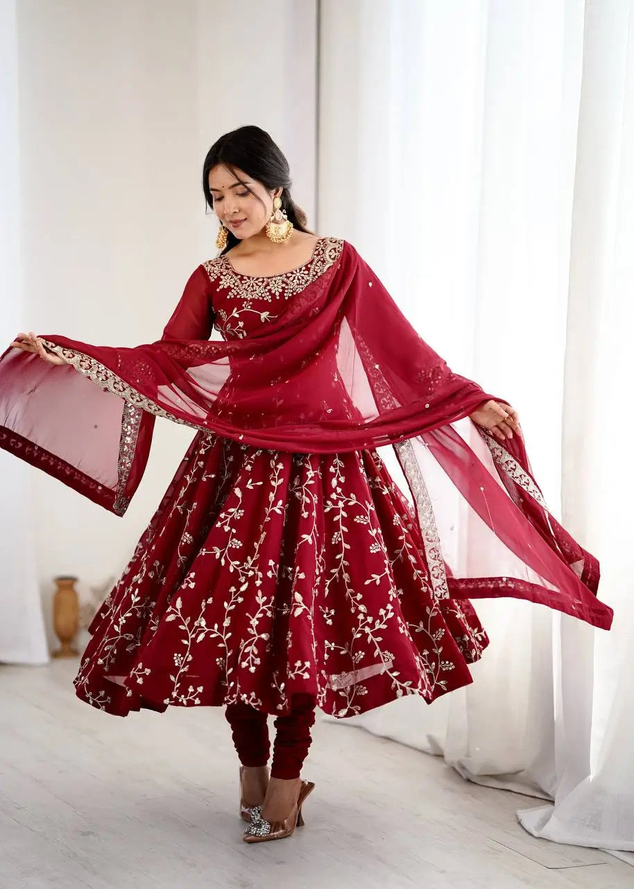 Embroidered Faux Georgette Anarkali Gown Set with Dupatta