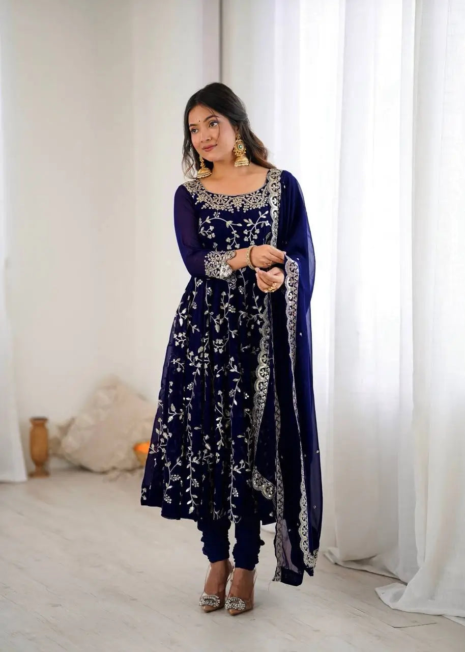 Embroidered Faux Georgette Anarkali Gown Set with Dupatta