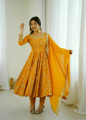 Embroidered Faux Georgette Anarkali Gown Set with Dupatta