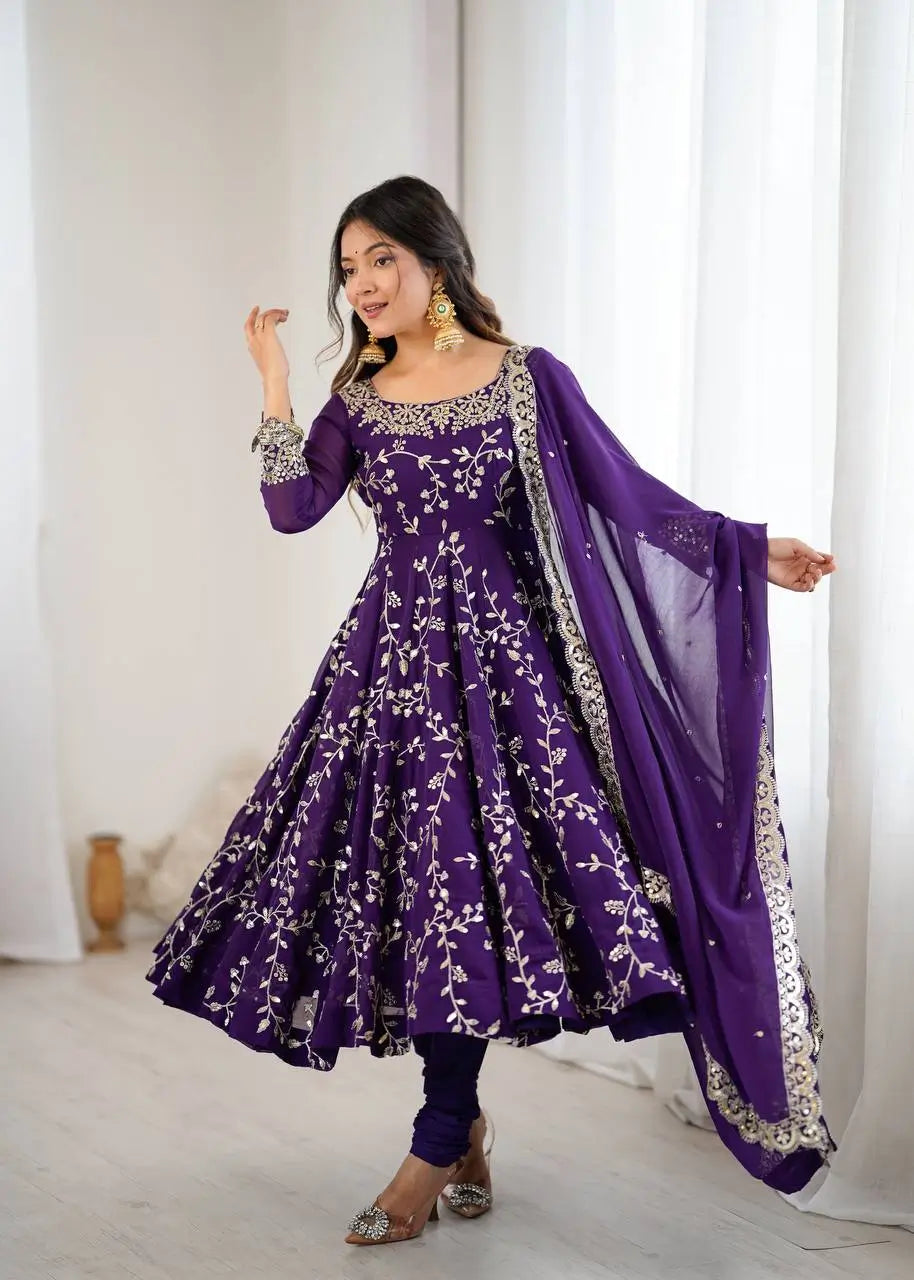 Embroidered Faux Georgette Anarkali Gown Set with Dupatta