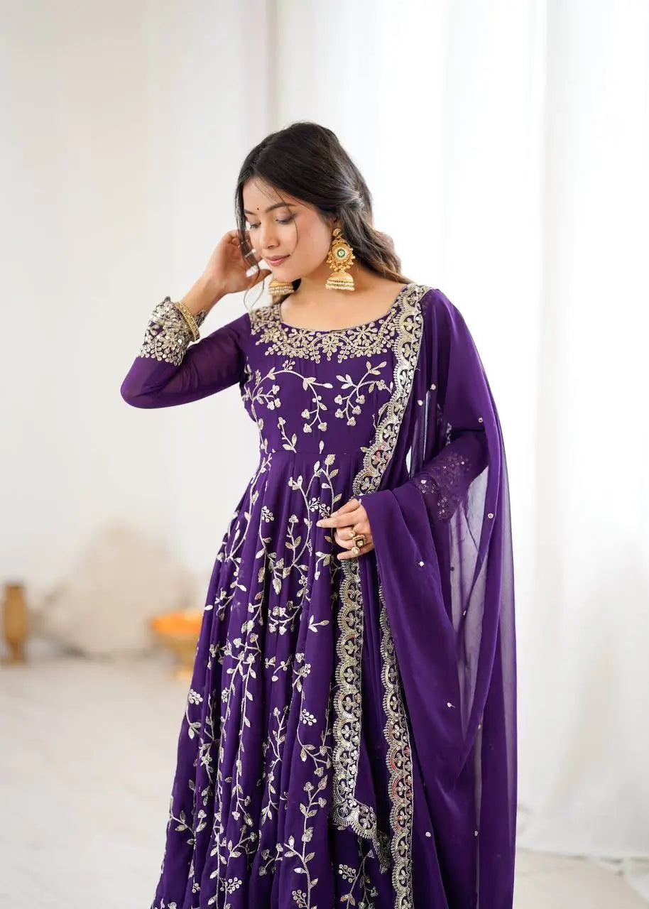 Embroidered Faux Georgette Anarkali Gown Set with Dupatta