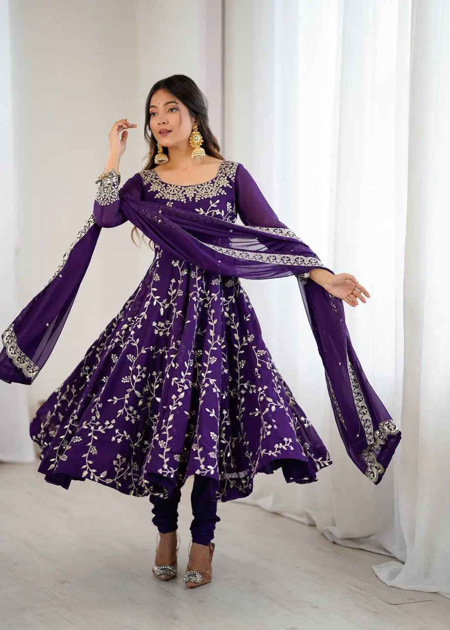 Embroidered Faux Georgette Anarkali Gown Set with Dupatta