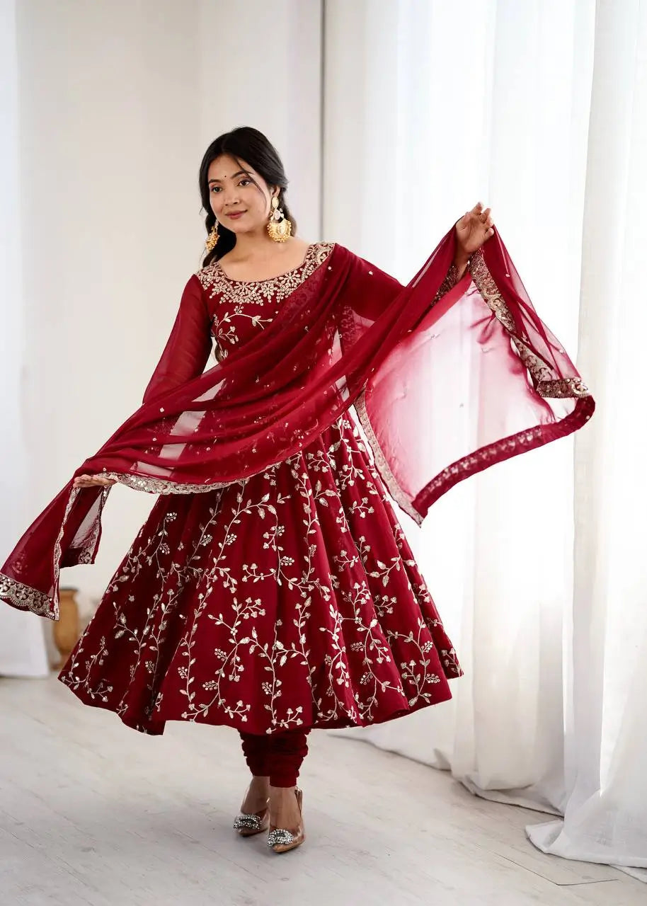 Embroidered Faux Georgette Anarkali Gown Set with Dupatta