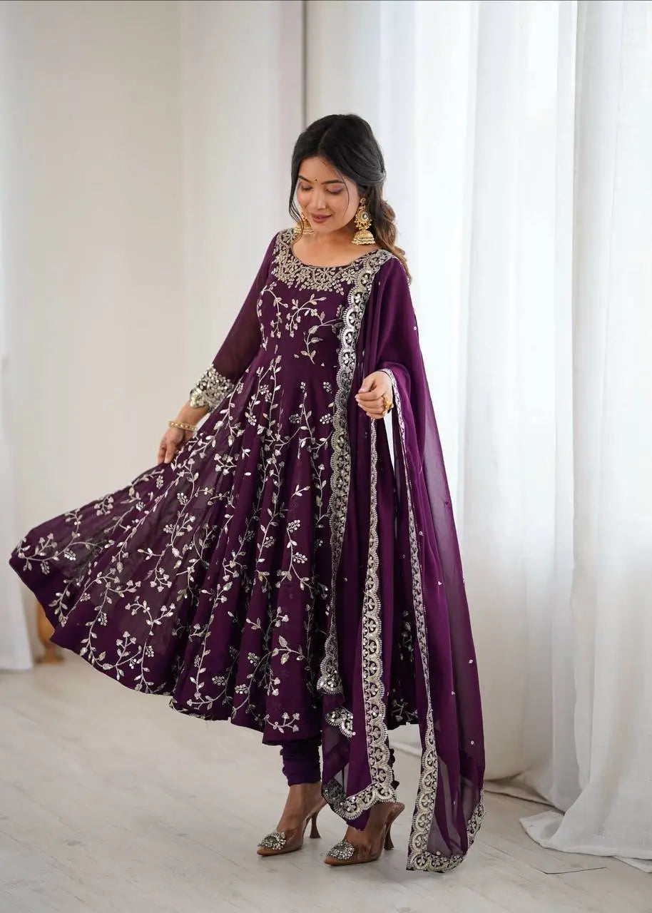 Embroidered Faux Georgette Anarkali Gown Set with Dupatta