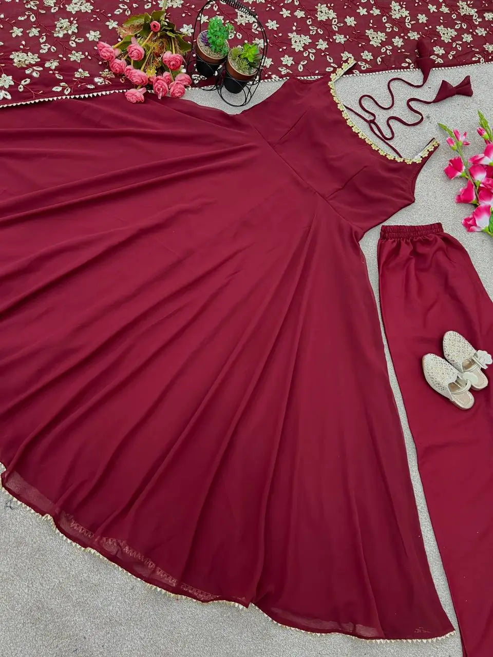 Embroidered Faux Georgette Anarkali Gown Set with Dupatta