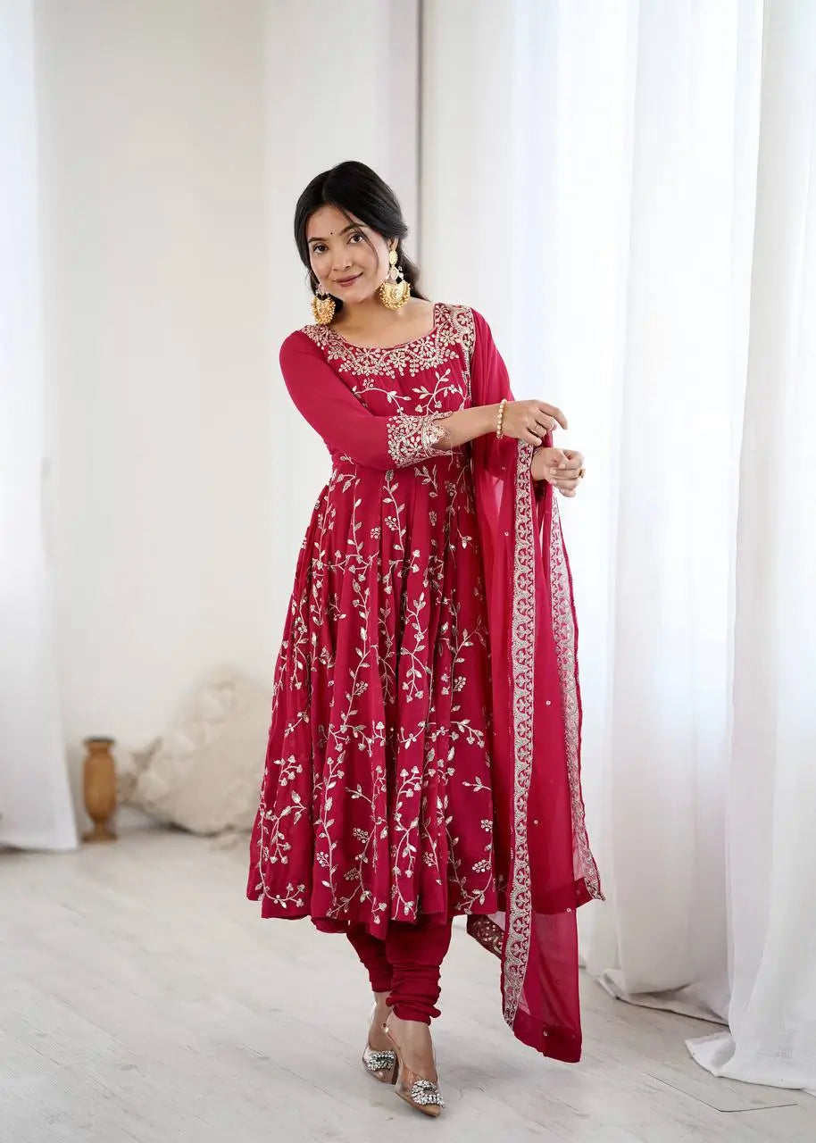 Embroidered Faux Georgette Anarkali Gown Set with Dupatta