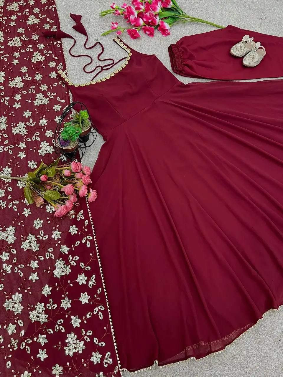 Embroidered Faux Georgette Anarkali Gown Set with Dupatta