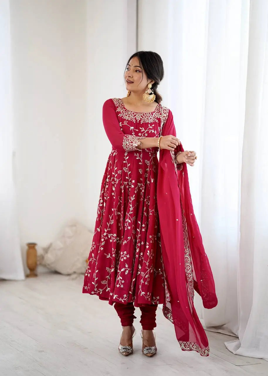 Embroidered Faux Georgette Anarkali Gown Set with Dupatta