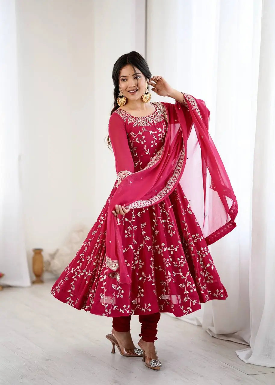 Embroidered Faux Georgette Anarkali Gown Set with Dupatta
