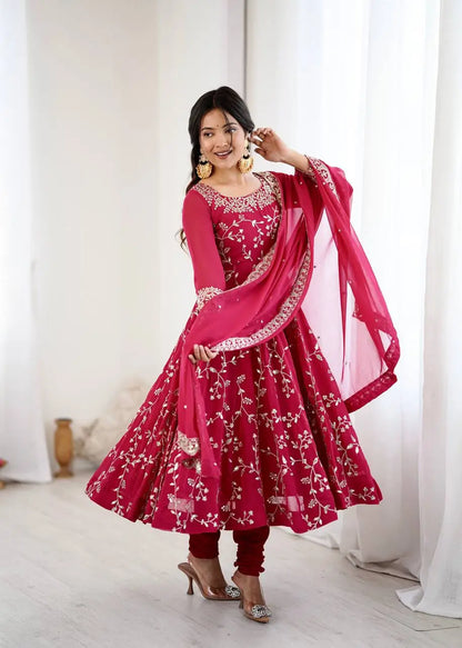 Embroidered Faux Georgette Anarkali Gown Set with Dupatta