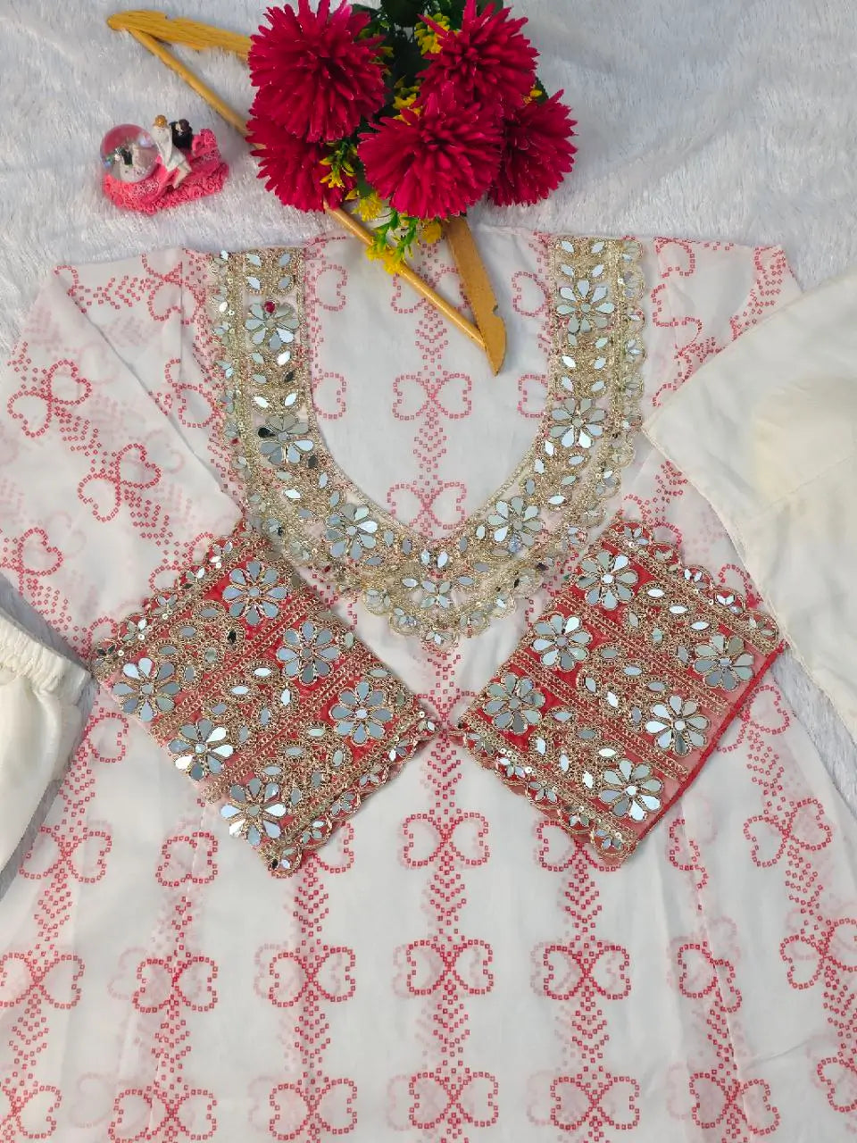 Embroidered Faux Georgette Anarkali Kurti Pant Set with Bustier