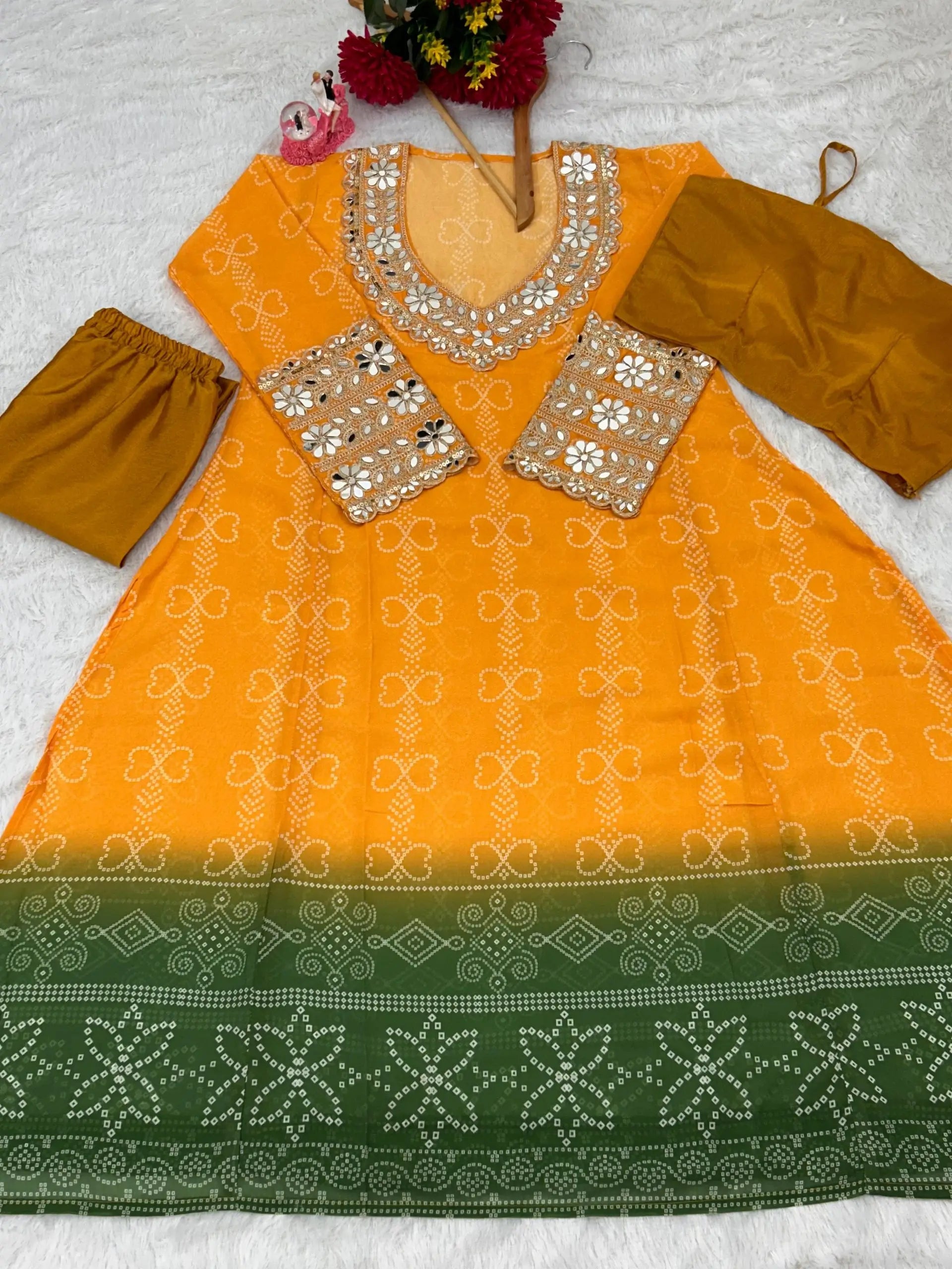 Embroidered Faux Georgette Anarkali Kurti Pant Set with Bustier