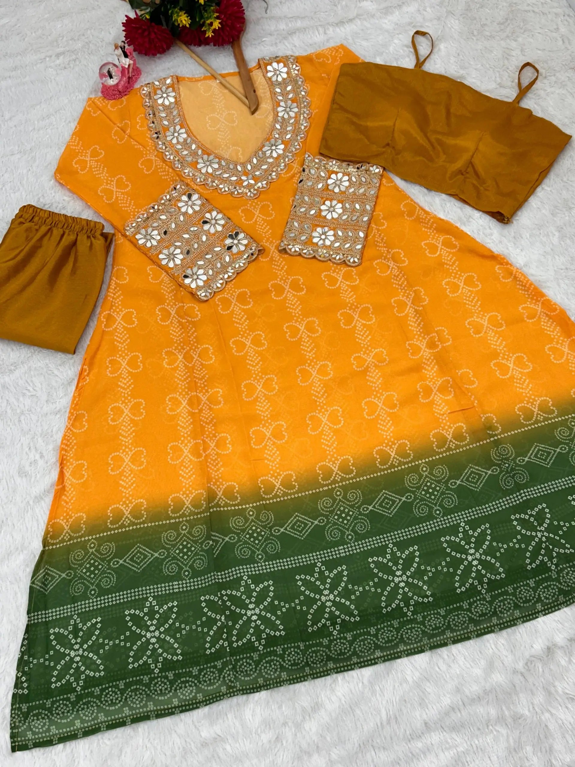 Embroidered Faux Georgette Anarkali Kurti Pant Set with Bustier