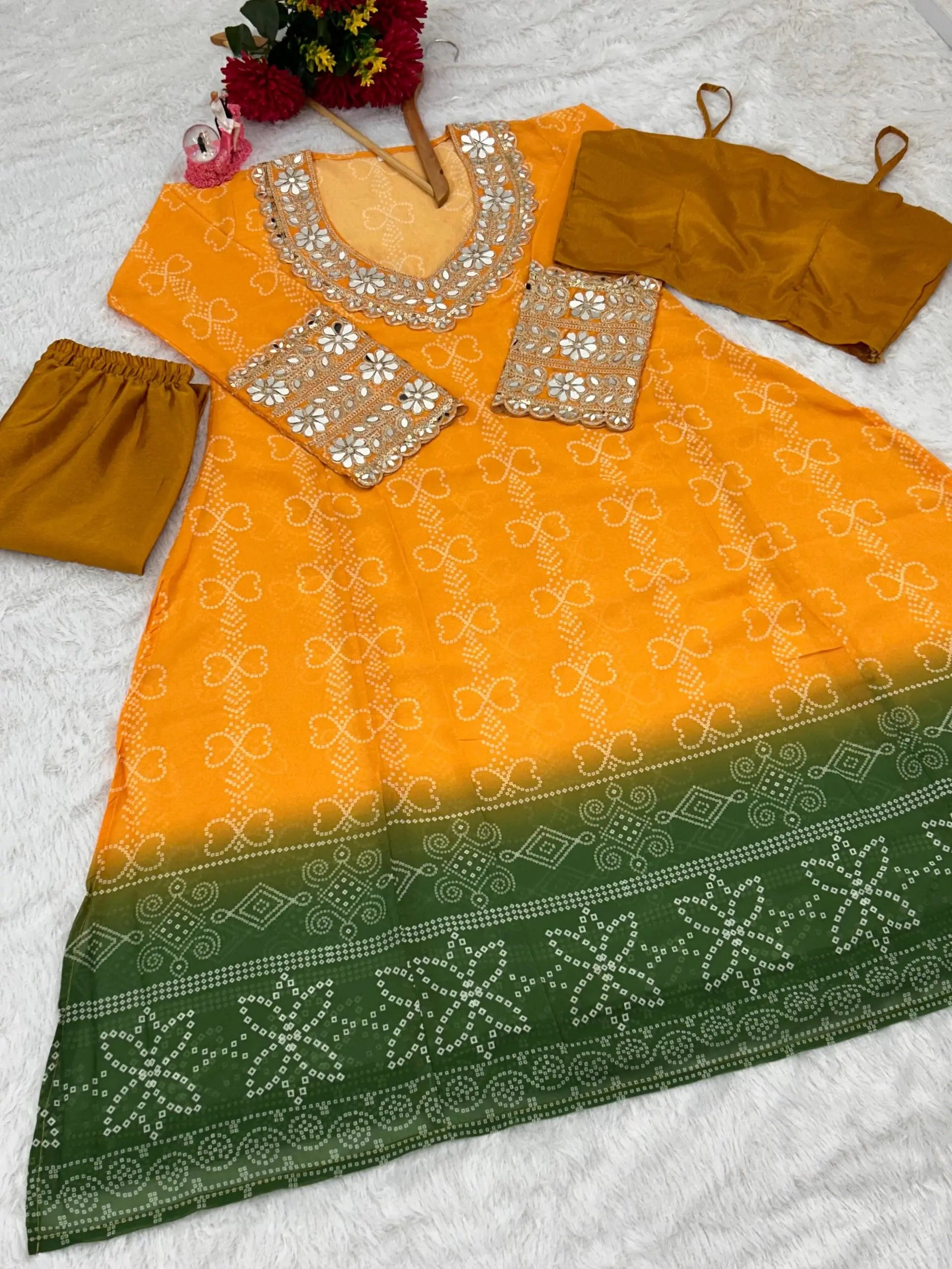 Embroidered Faux Georgette Anarkali Kurti Pant Set with Bustier