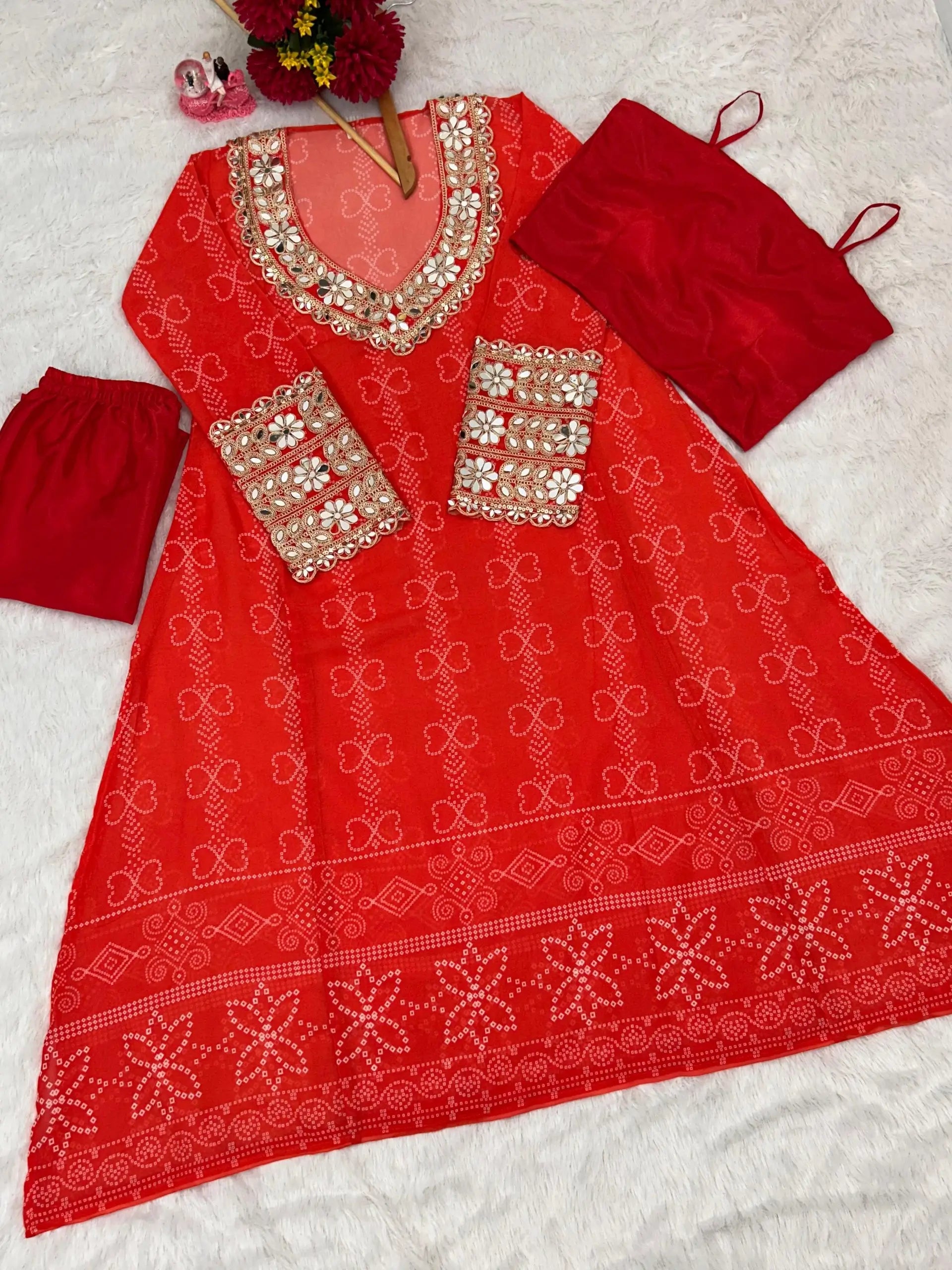 Embroidered Faux Georgette Anarkali Kurti Pant Set with Bustier