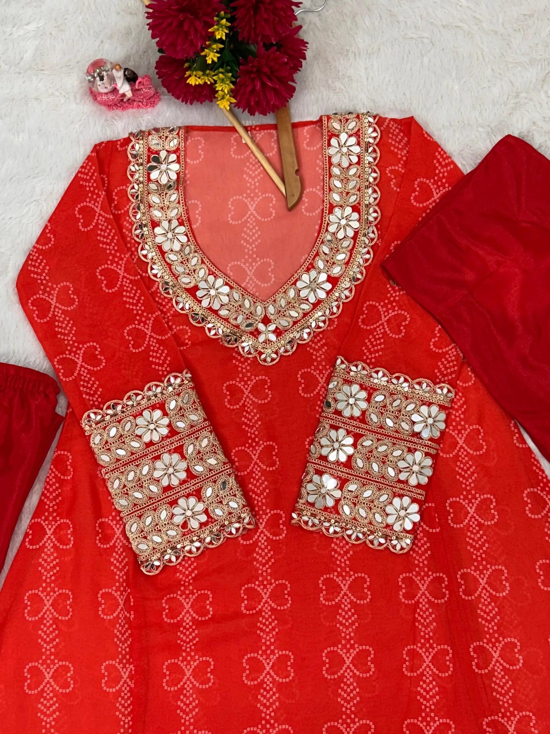 Embroidered Faux Georgette Anarkali Kurti Pant Set with Bustier