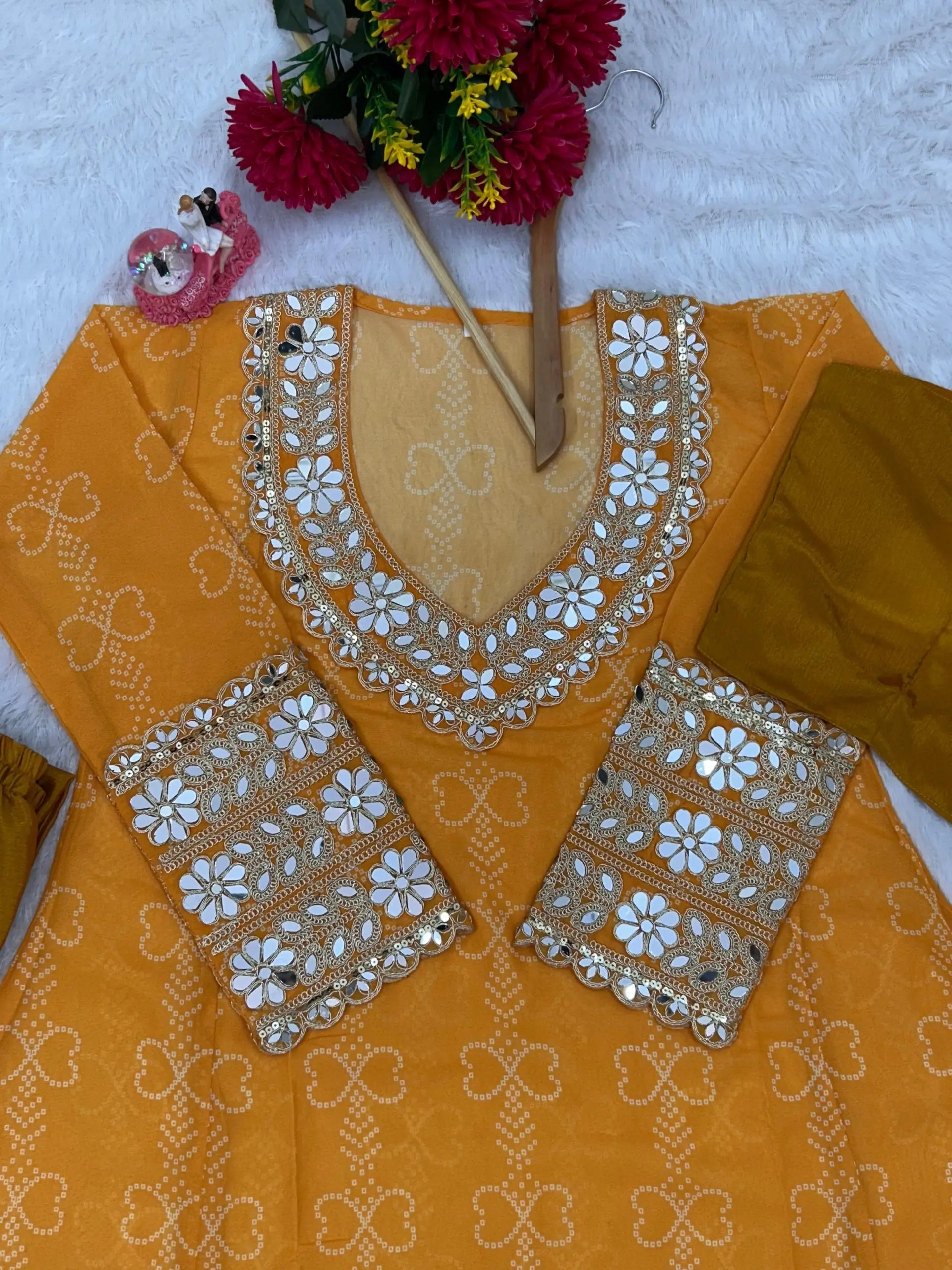 Embroidered Faux Georgette Anarkali Kurti Pant Set with Bustier