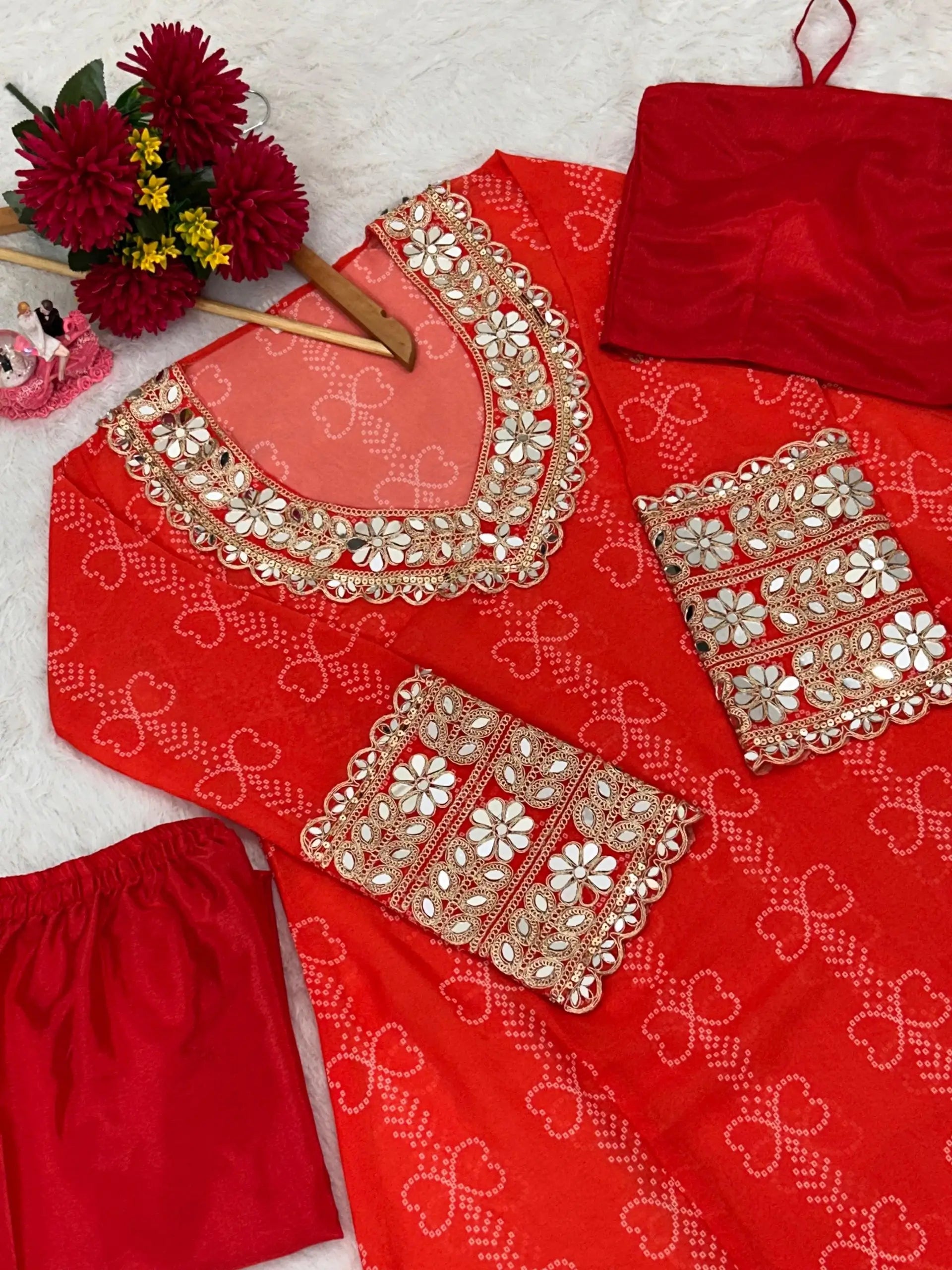 Embroidered Faux Georgette Anarkali Kurti Pant Set with Bustier