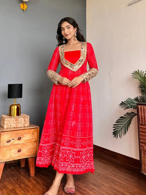 Embroidered Faux Georgette Anarkali Kurti Pant Set with Bustier