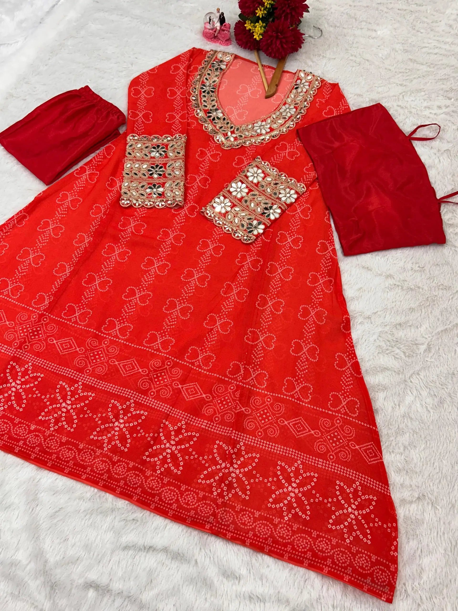 Embroidered Faux Georgette Anarkali Kurti Pant Set with Bustier