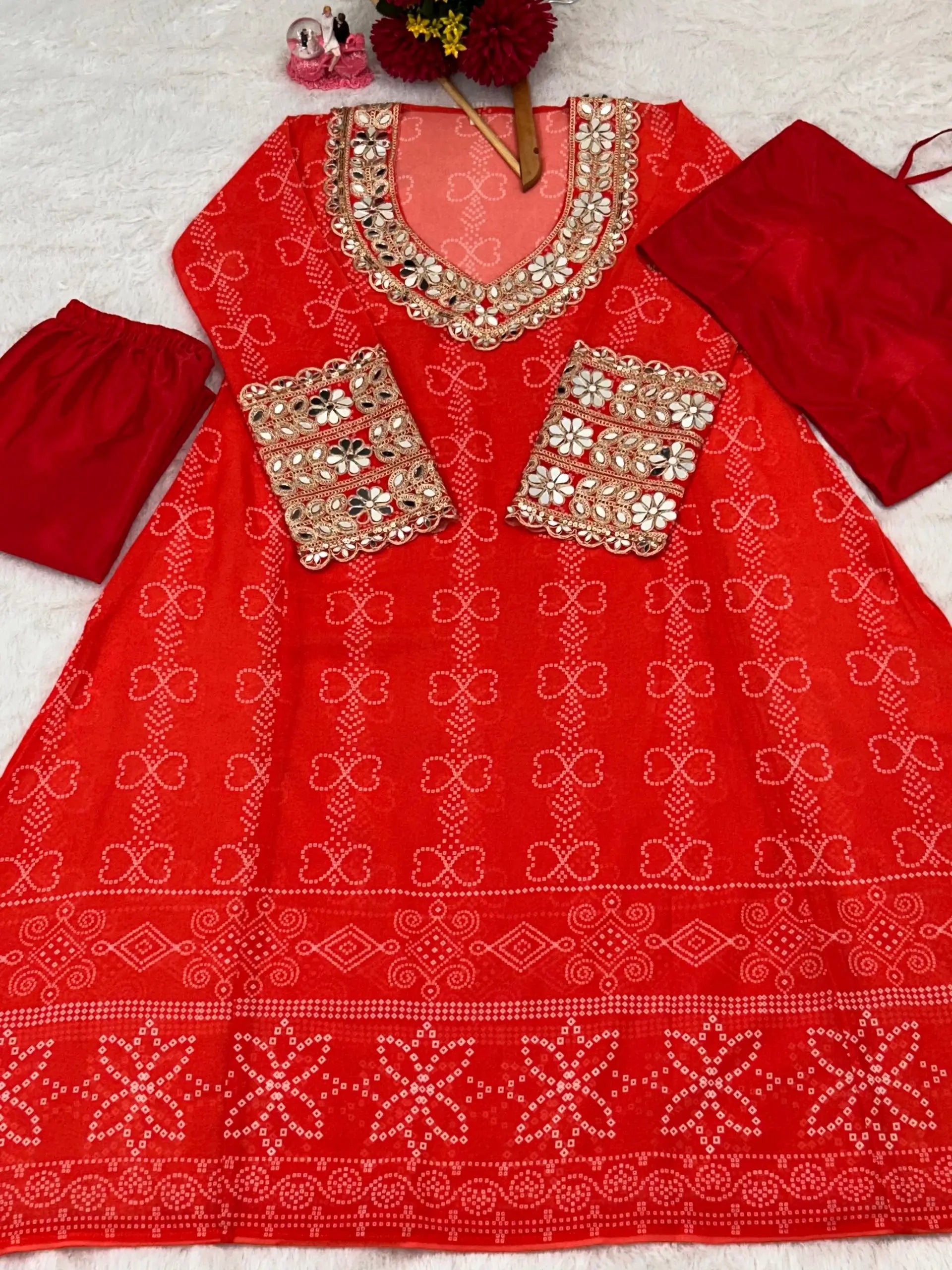 Embroidered Faux Georgette Anarkali Kurti Pant Set with Bustier