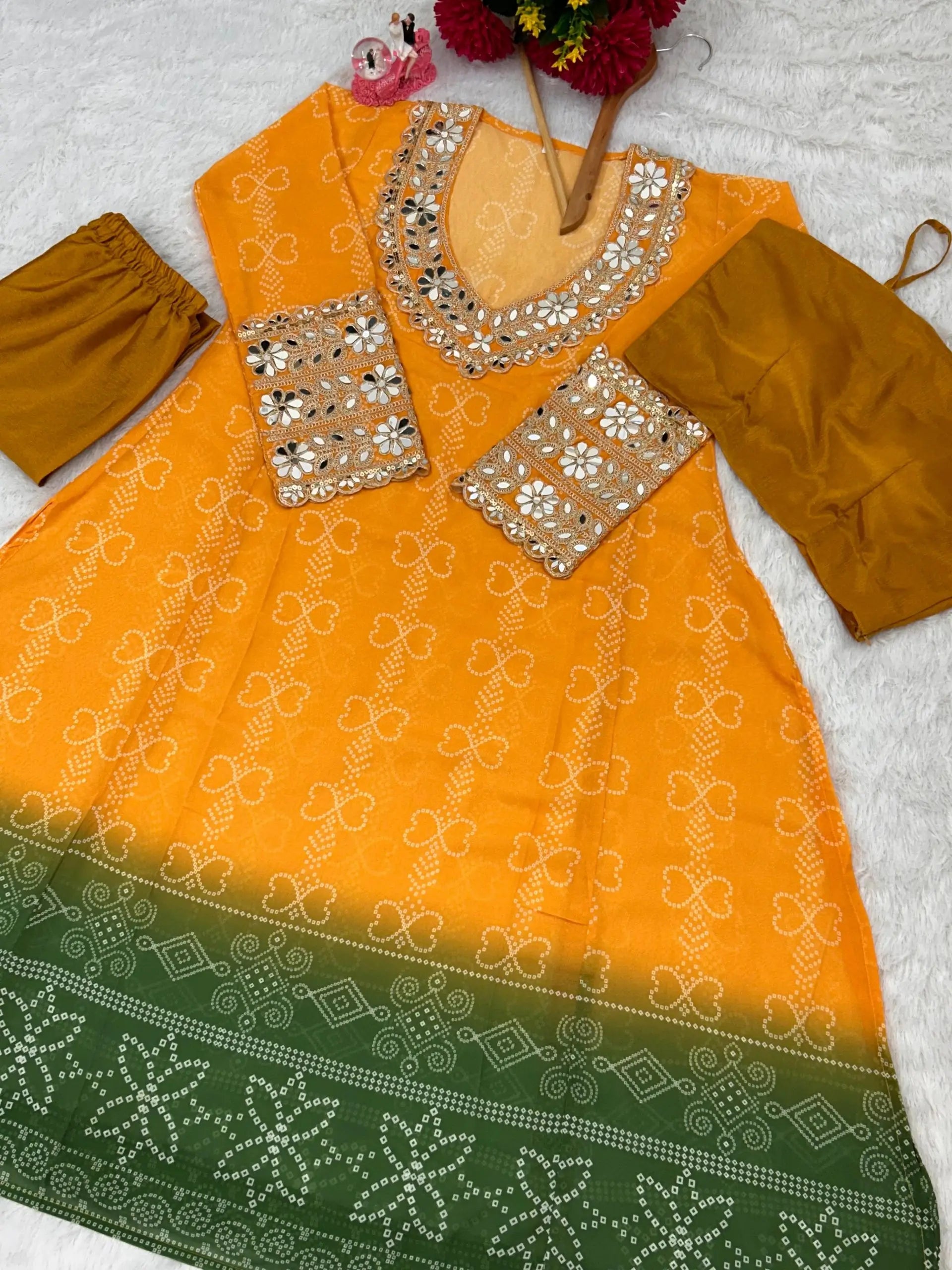 Embroidered Faux Georgette Anarkali Kurti Pant Set with Bustier