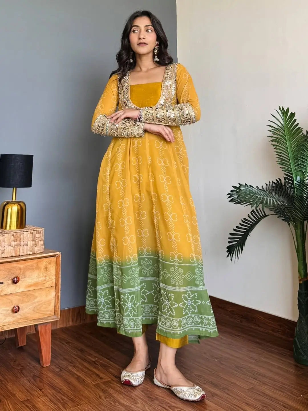 Embroidered Faux Georgette Anarkali Kurti Pant Set with Bustier
