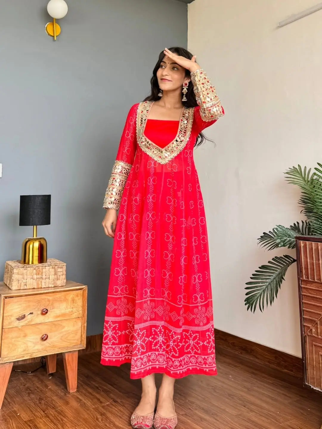 Embroidered Faux Georgette Anarkali Kurti Pant Set with Bustier
