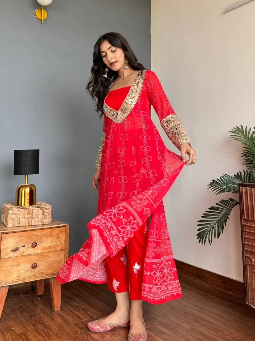 Embroidered Faux Georgette Anarkali Kurti Pant Set with Bustier
