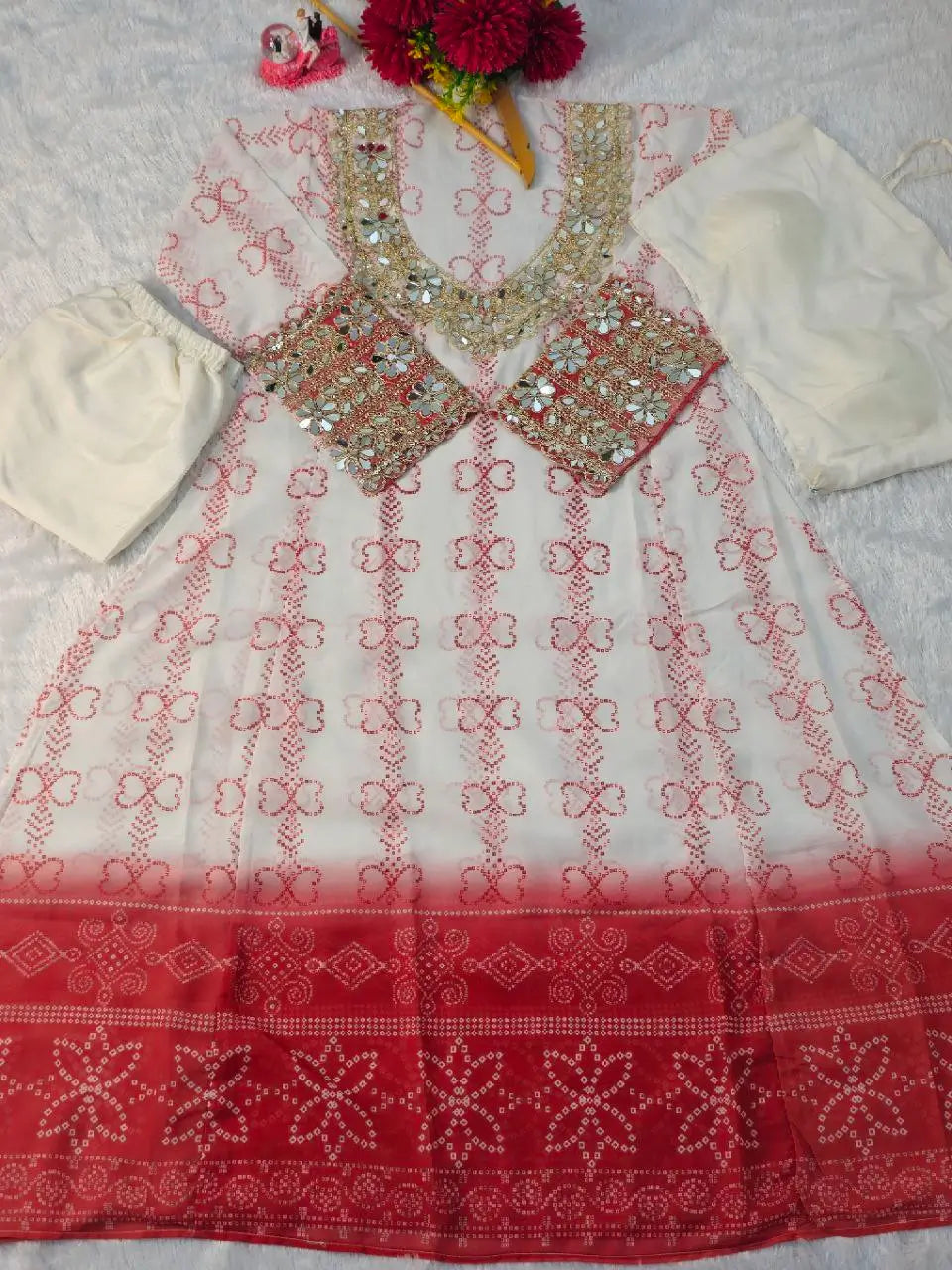 Embroidered Faux Georgette Anarkali Kurti Pant Set with Bustier