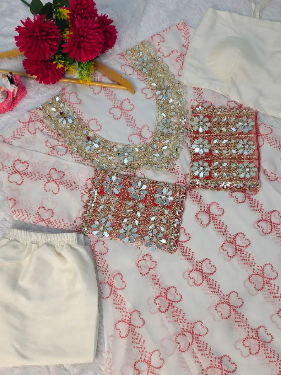 Embroidered Faux Georgette Anarkali Kurti Pant Set with Bustier
