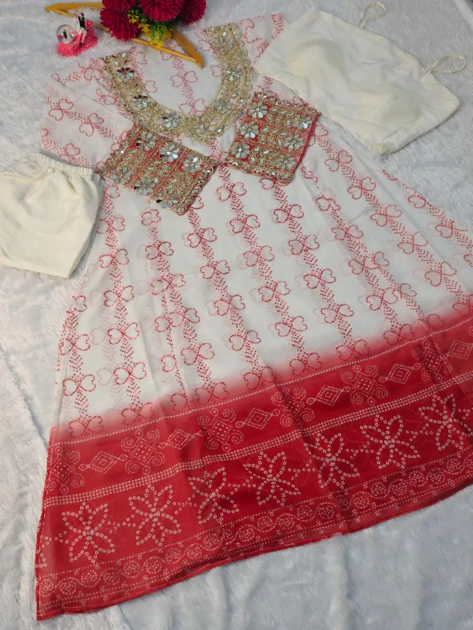 Embroidered Faux Georgette Anarkali Kurti Pant Set with Bustier
