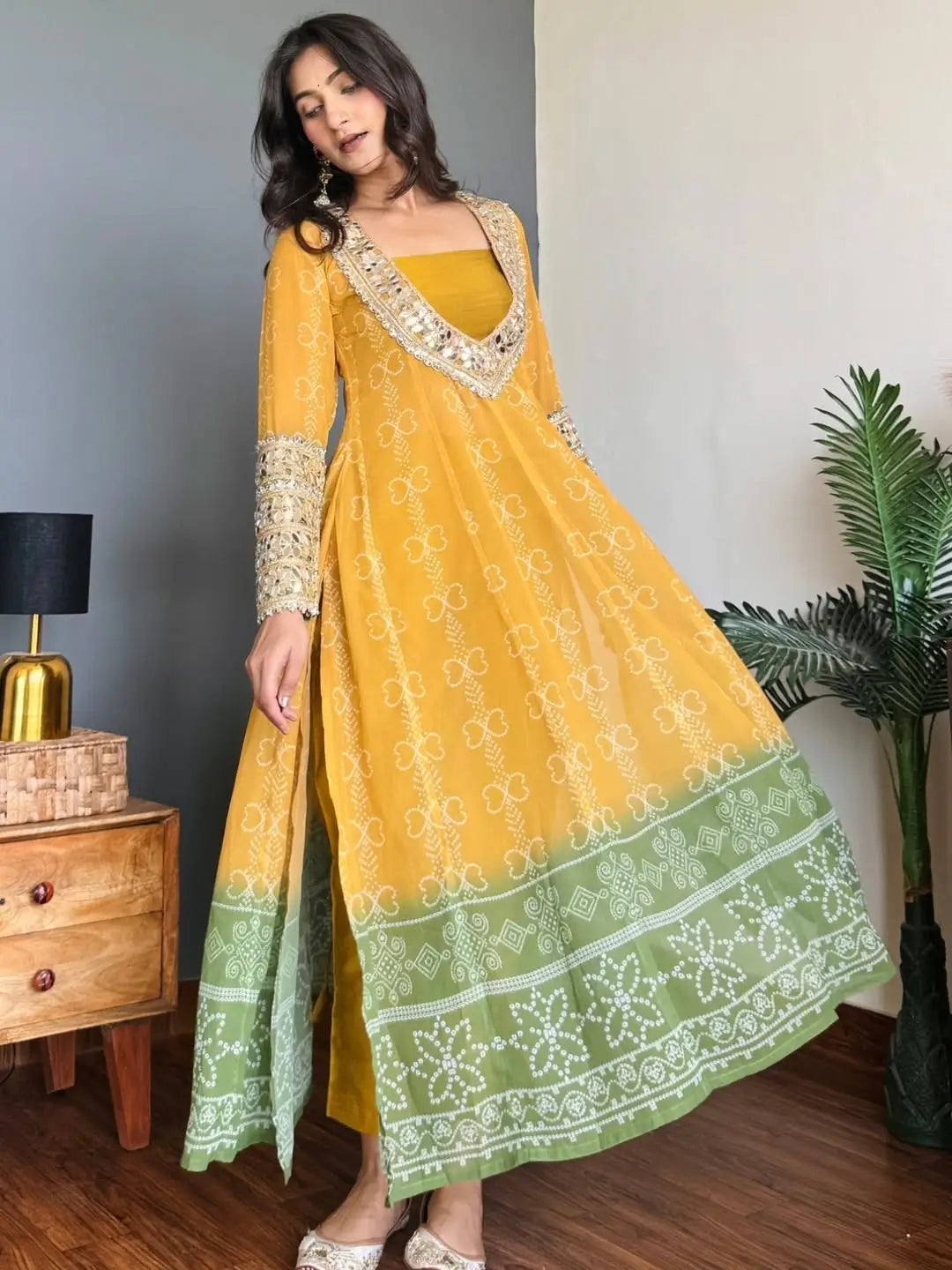 Embroidered Faux Georgette Anarkali Kurti Pant Set with Bustier