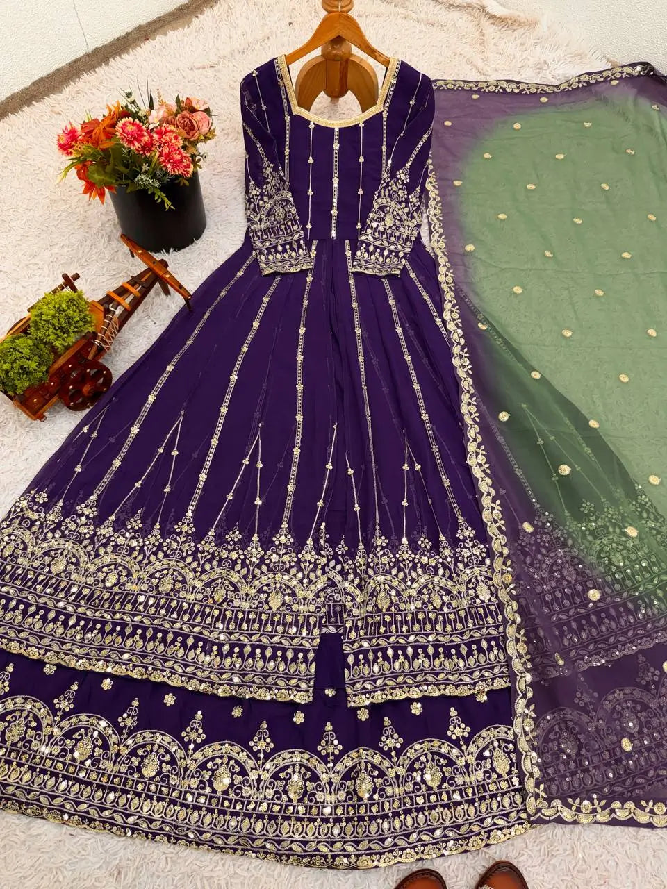 Embroidered Faux Georgette Anarkali Lehenga Set