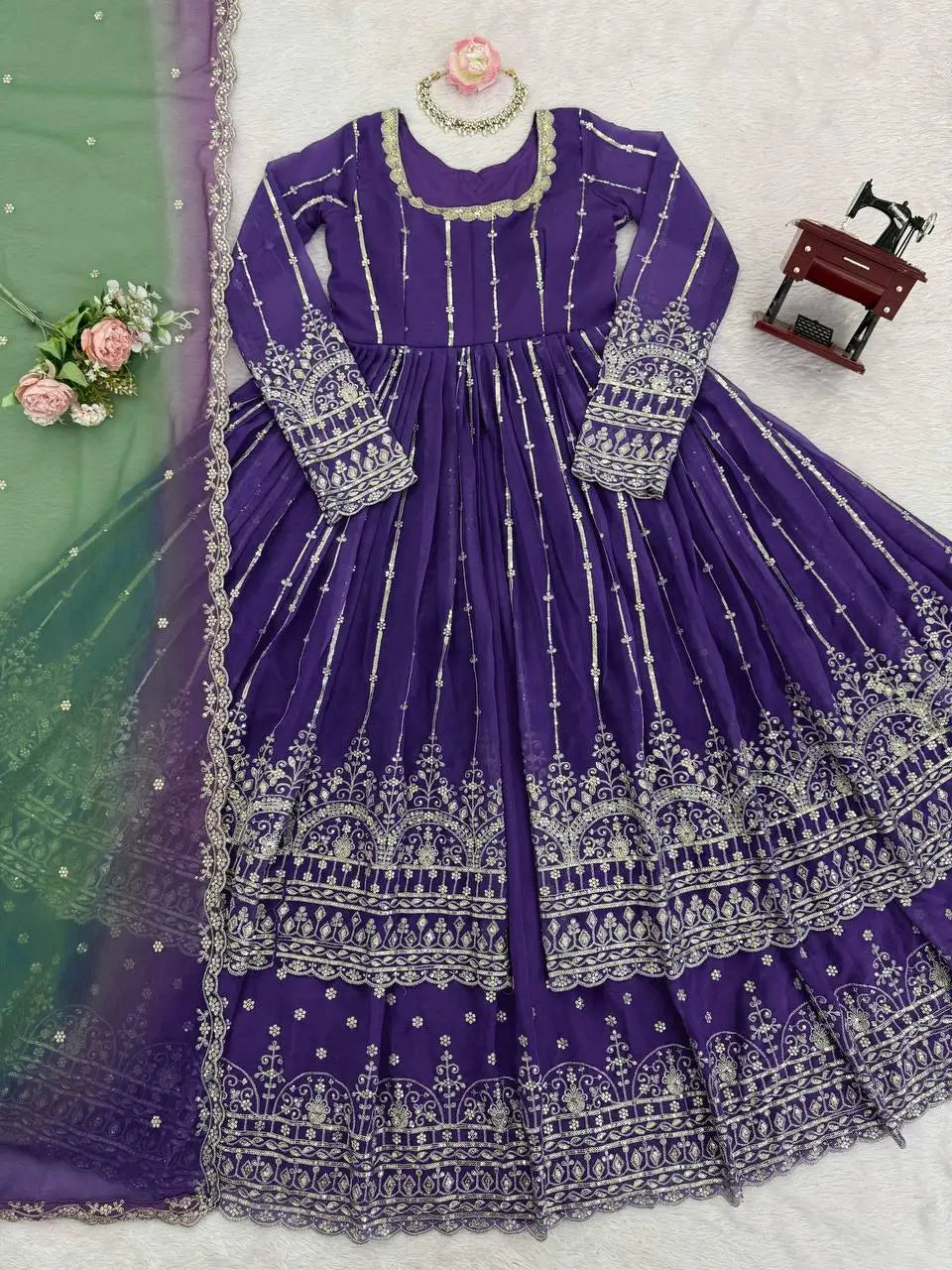 Embroidered Faux Georgette Anarkali Lehenga Set
