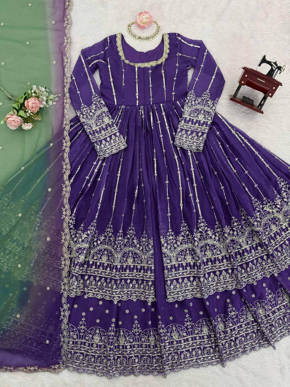 Embroidered Faux Georgette Anarkali Lehenga Set