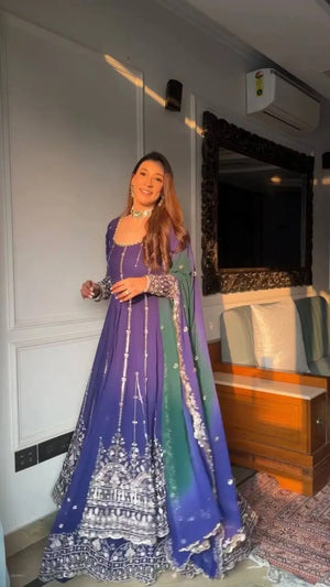 Embroidered Faux Georgette Anarkali Lehenga Set