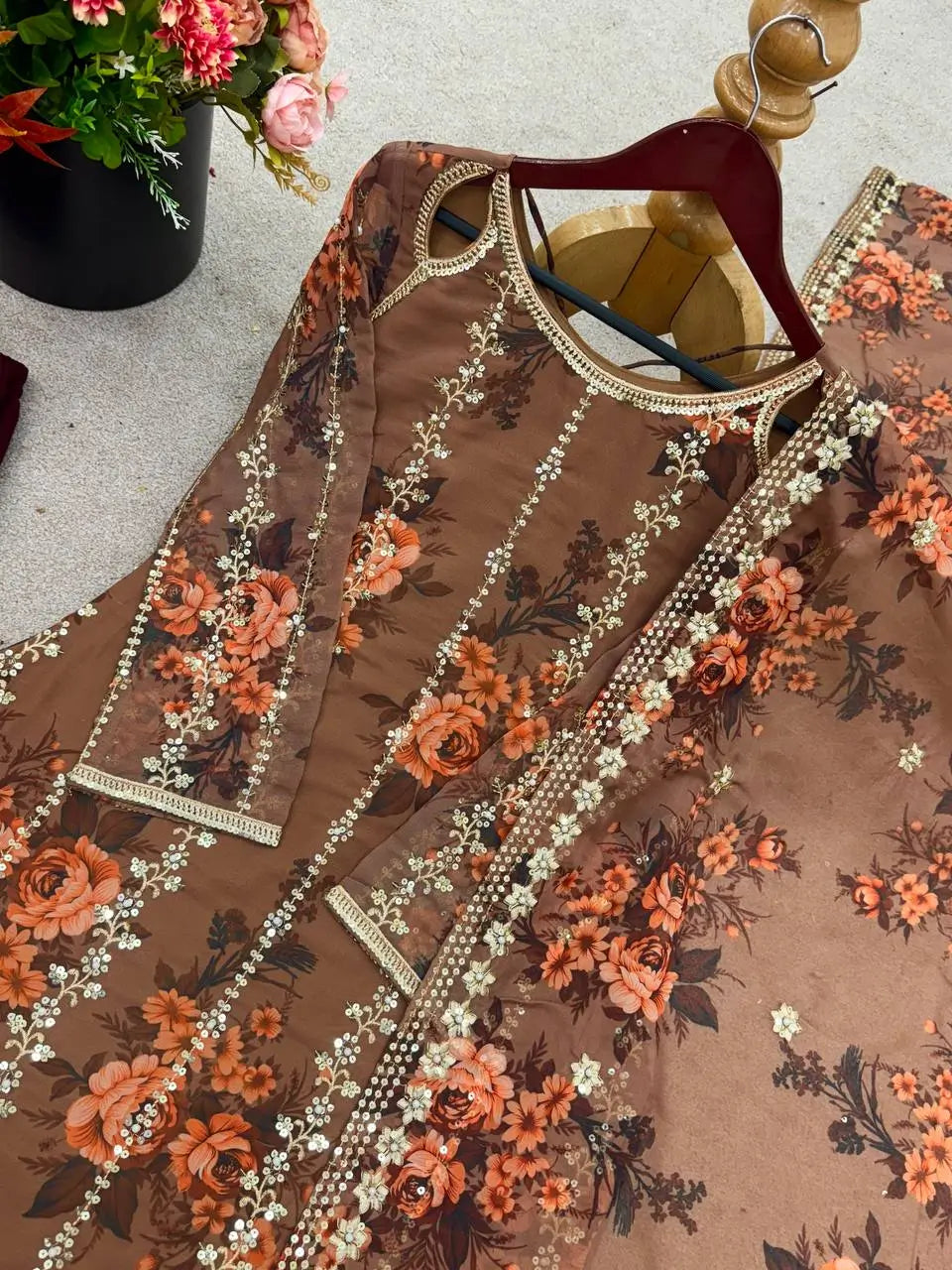 Embroidered Faux Georgette Digital Print Suit Set with Dupatta