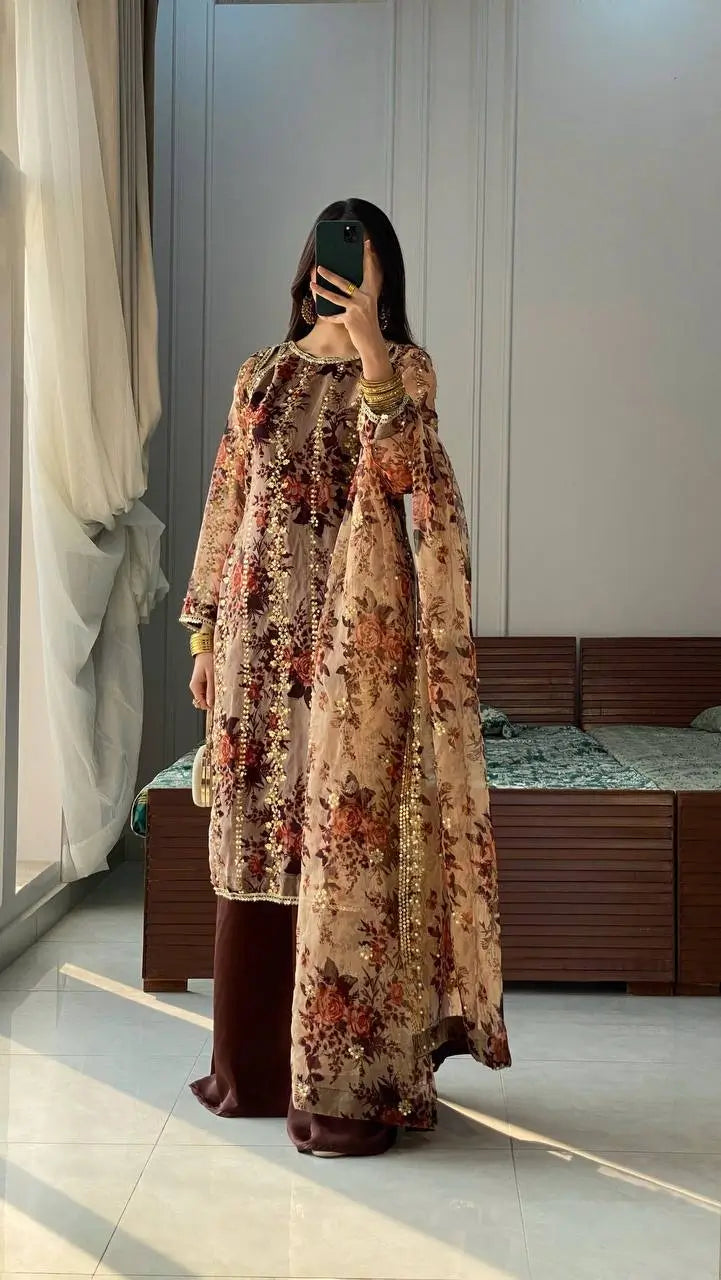 Embroidered Faux Georgette Digital Print Suit Set with Dupatta