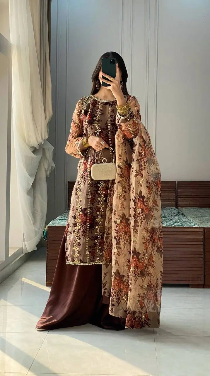 Embroidered Faux Georgette Digital Print Suit Set with Dupatta