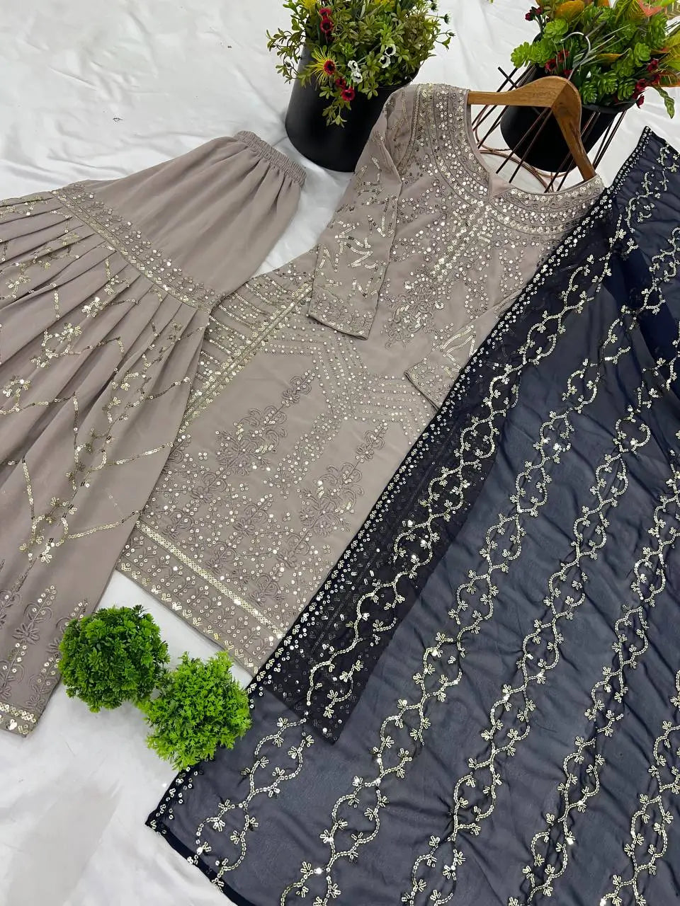 Embroidered Faux Georgette Gharara Suit Set with Dupatta