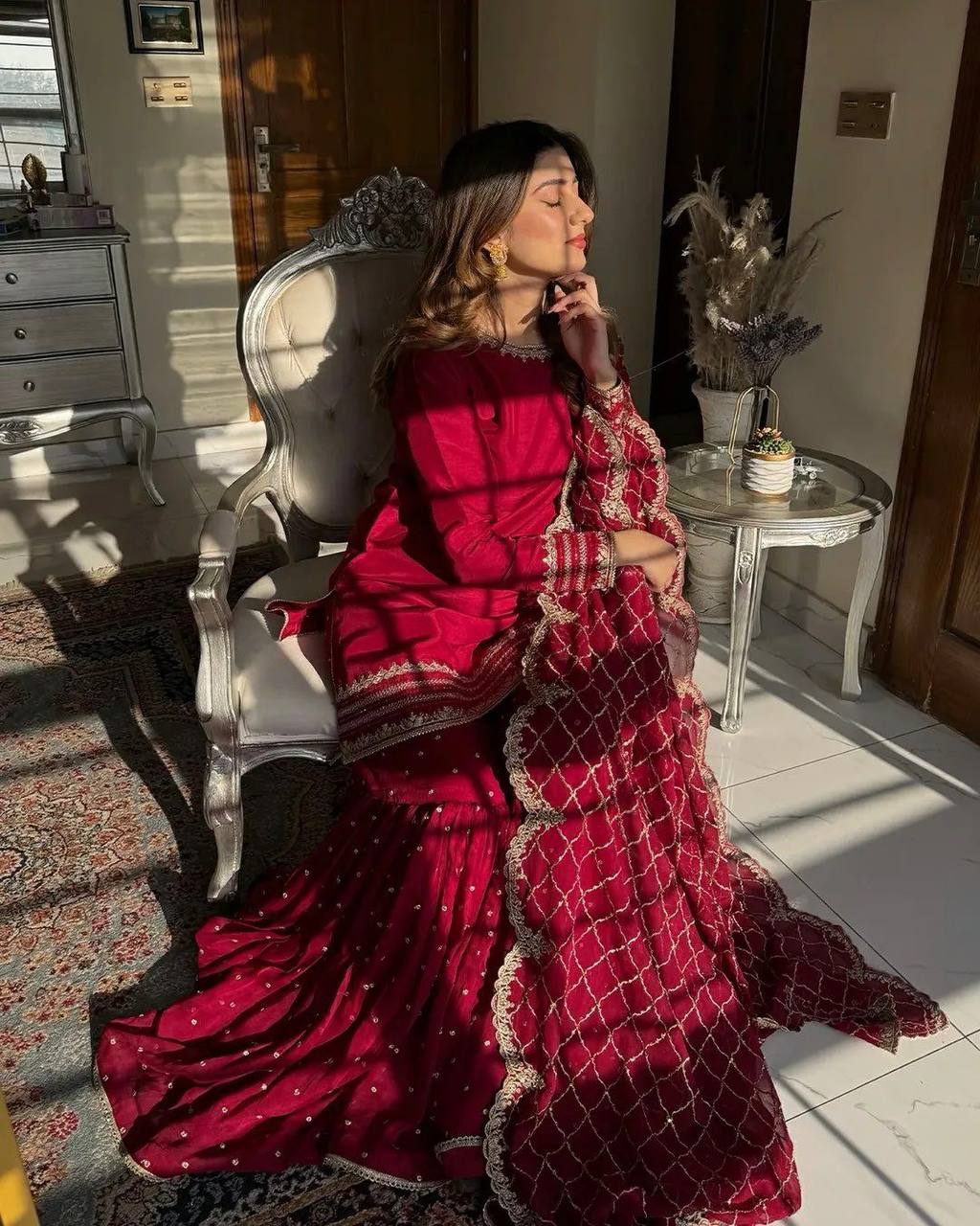 Embroidered Faux Georgette Gharara Suit Set with Dupatta