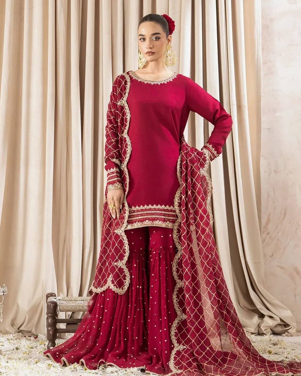 Embroidered Faux Georgette Gharara Suit Set with Dupatta