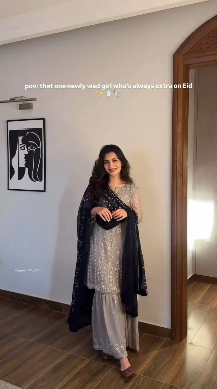 Embroidered Faux Georgette Gharara Suit Set with Dupatta