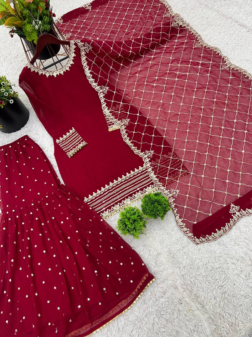 Embroidered Faux Georgette Gharara Suit Set with Dupatta