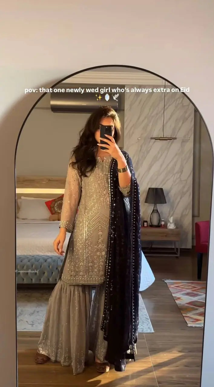 Embroidered Faux Georgette Gharara Suit Set with Dupatta