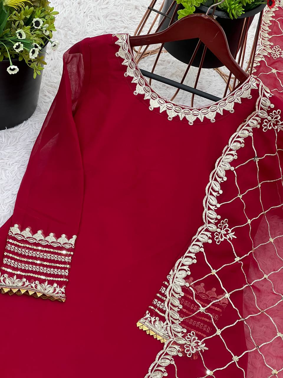 Embroidered Faux Georgette Gharara Suit Set with Dupatta