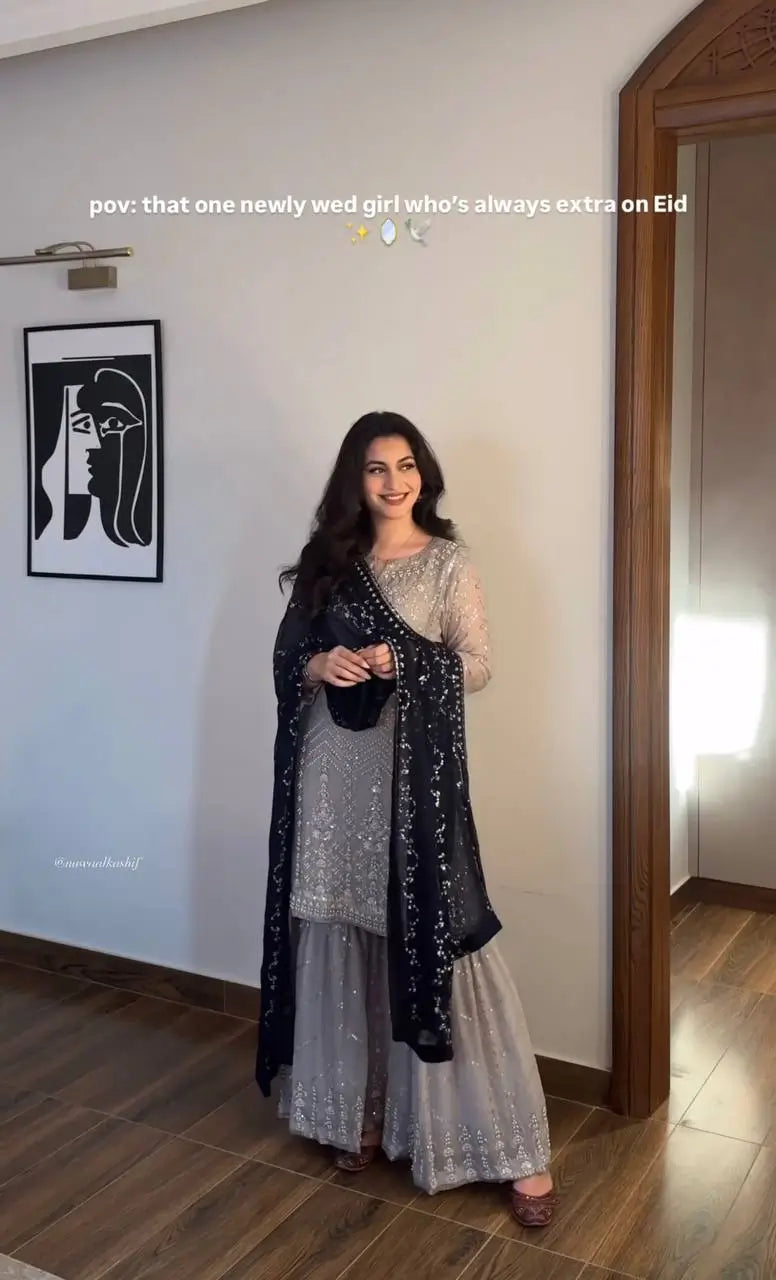 Embroidered Faux Georgette Gharara Suit Set with Dupatta