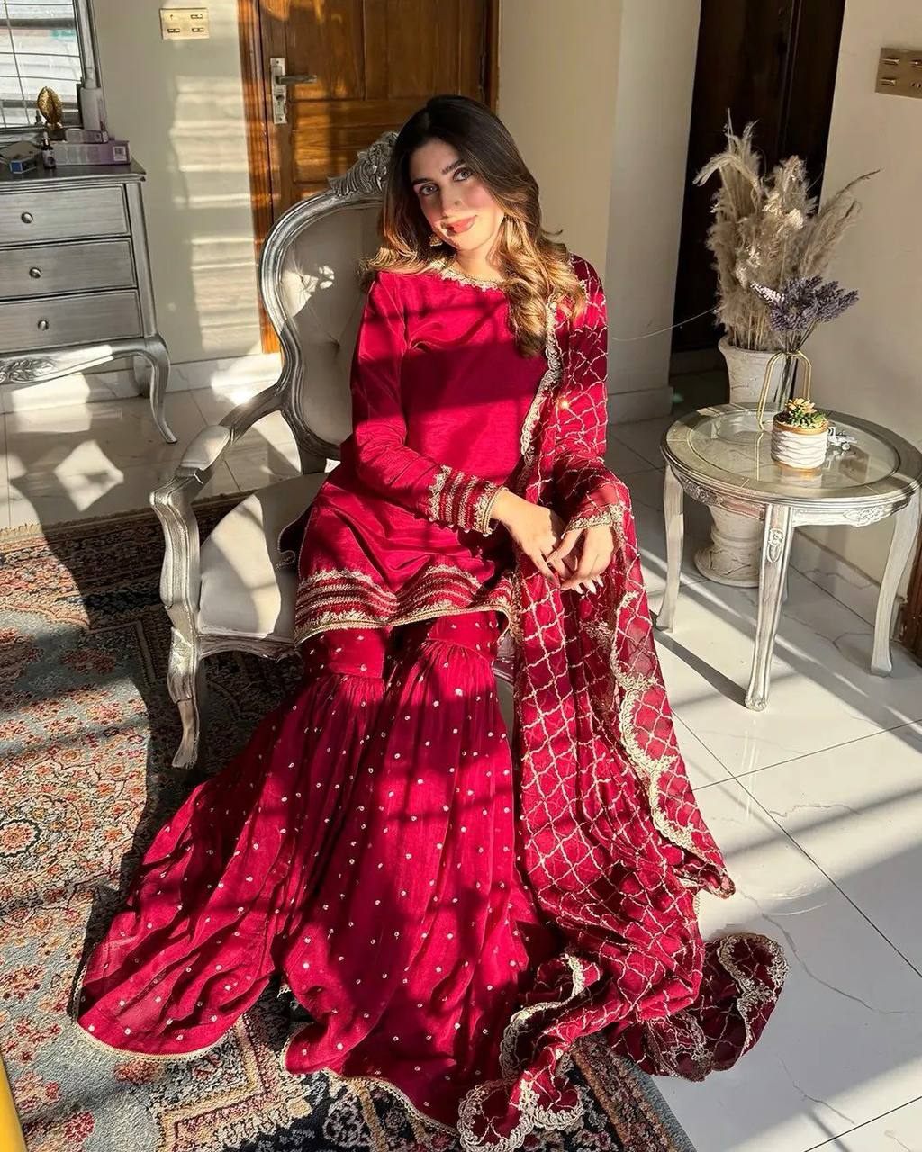 Embroidered Faux Georgette Gharara Suit Set with Dupatta