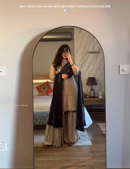 Embroidered Faux Georgette Gharara Suit Set with Dupatta